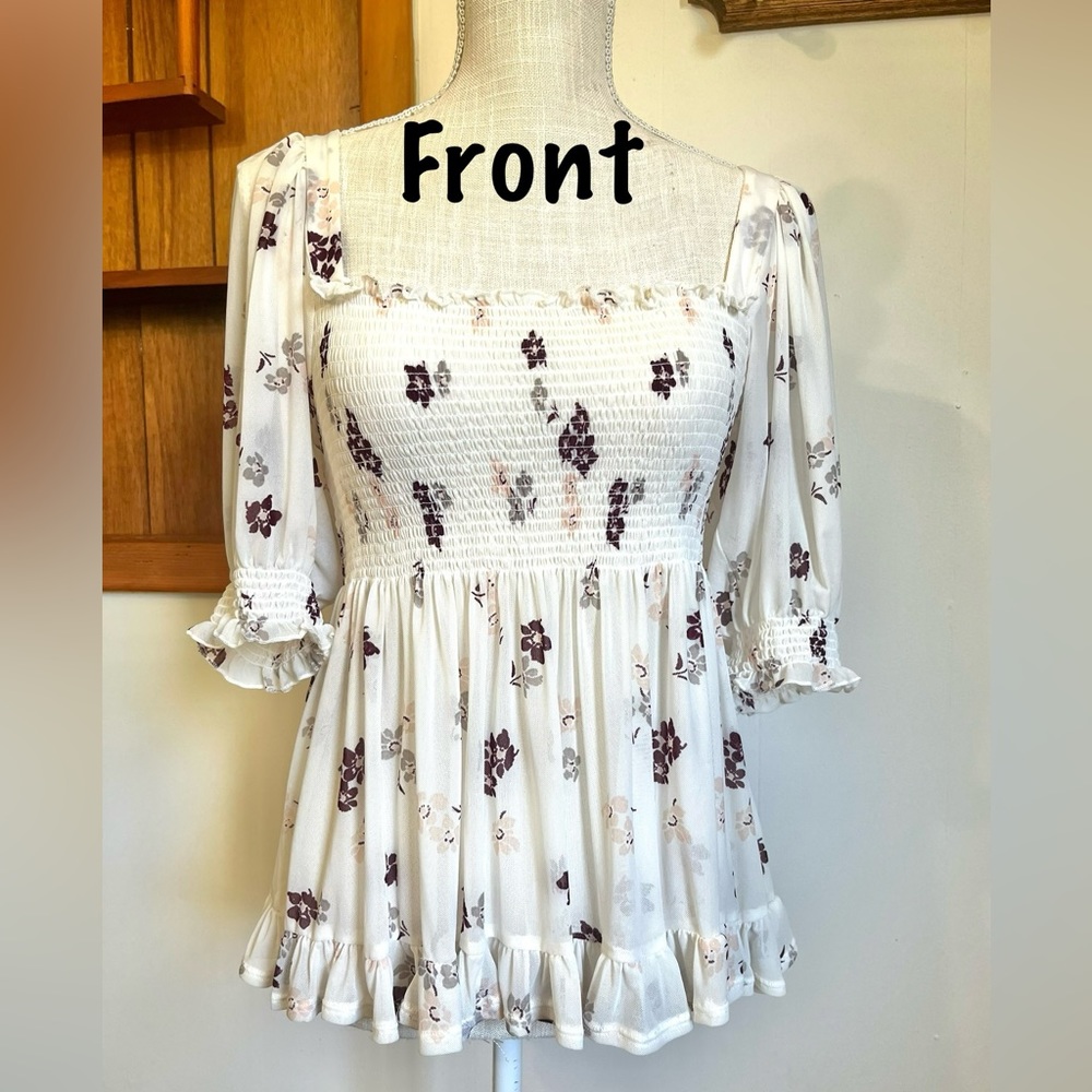 Free People XS Mesh Floral Peasant Top
